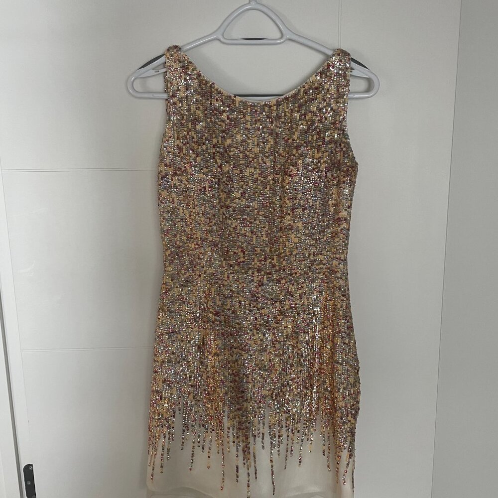 Terani Couture Silk Gold Sequined Cocktail Dress